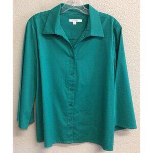 Chicos Women's Poplin Solid Cape Sleeve Shirt Ceramic Green Stretch Size 12